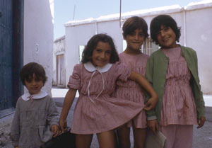 Turkish-Cypriot and Greek-Cypriot school girls on their way to public school in Kyrenia, Cyprus 1973.